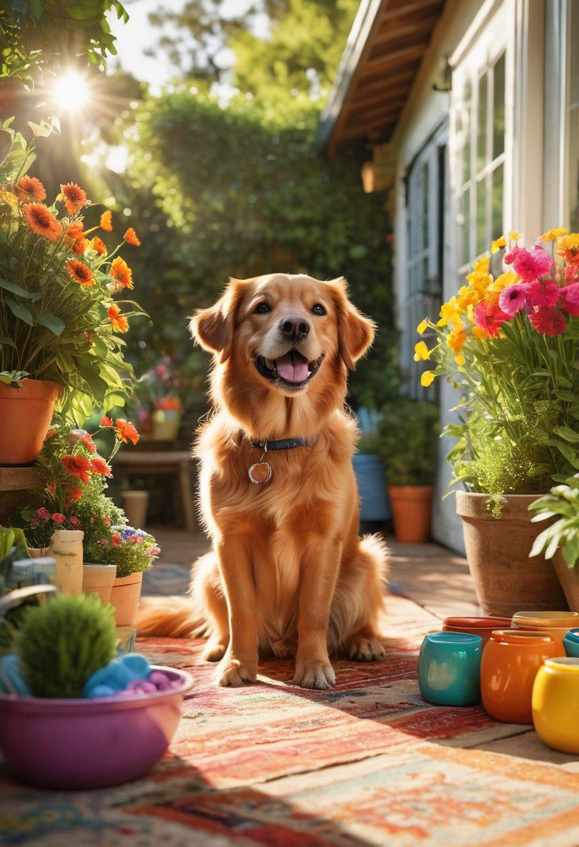 A heartwarming scene of a person grooming and feeding a happy dog, surrounded by various pet care essentials like brushes, bowls, and toys. Include a vibrant garden in the background, showcasing a blend of nature and pet love. Soft sunlight filters through the leaves, creating a warm atmosphere. Super-realistic. Vibrant colors. 3D.