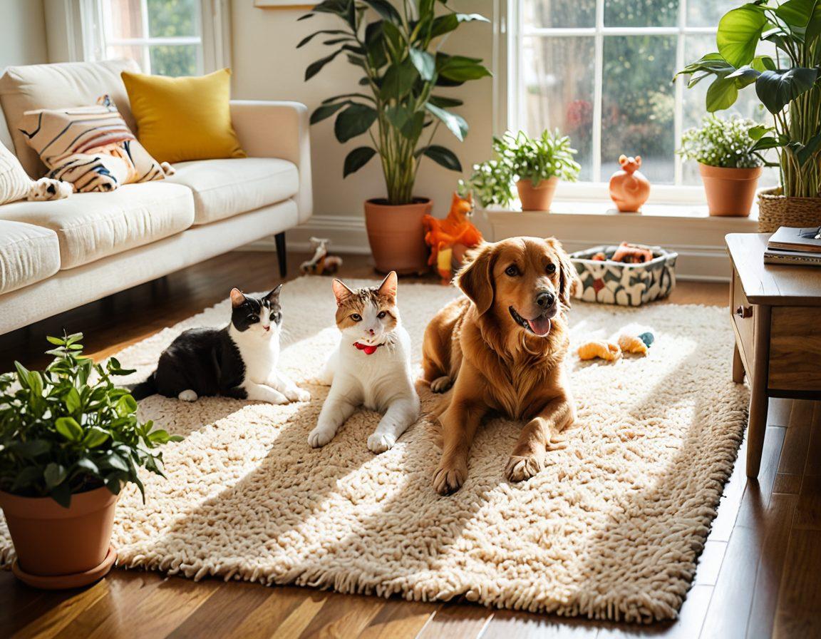 A cozy living room filled with natural sunlight, showcasing a happy dog and cat playing together on a plush rug. Happy pet owners are interacting joyfully, surrounded by plants and toys, creating an inviting atmosphere. The scene captures love and warmth, emphasizing the bond between pets and their owners. soft focus. warm color palette. cozy and inviting.