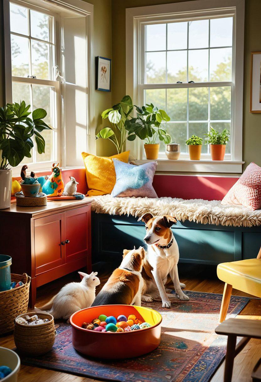 A warm, inviting scene of diverse pets—dog, cat, bird, and rabbit—playing together in a sunlit living room. Include a loving owner interacting with them, showcasing a bond of trust and care. Add pet care essentials like food bowls, toys, and a cozy pet bed in the background. The atmosphere should be cheerful and harmonious, reflecting the joy of pet companionship. vibrant colors. super-realistic.